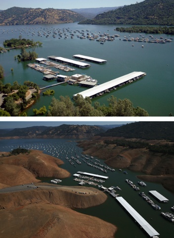 Full water levels at the Bidwell Marina at Lake Oroville in July 2011 compared with low levels now.