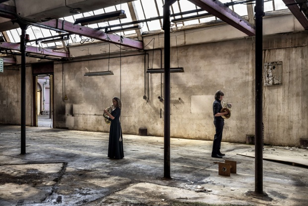 Musicians get ready for the opening concert of the Berlioz music Festival inside the Girodon old factory in Saint-Simeon-de-Bressieux near La Cote-Saint-Andre, eastern France