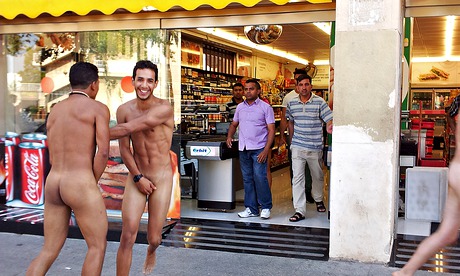 Naked Italian tourists in Barcelona