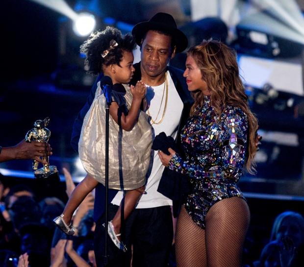 Rapper Jay Z and singer Beyonce with daughter Blue Ivy Carter onstage during the 2014 MTV Video Music Awards.