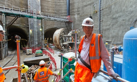 Will Self in front of tunnel boring machine ‘Ellie’ at the Limmo Peninsula Crossrail site in east London.