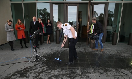 Senate security clean up father senator Hanson Young took the ALS ice bucket challenge at the Senate Entrance  of Parliament House in Canberra this morning, Wednesday 26th August 2014