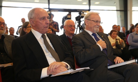 Former Prime Minister Paul Keating with his former Minister for Foreign Affairs Gareth Evans at the launch of his book Inside the Hawke-Keating government this morning at the ANU  Wednesday 27th August 2014