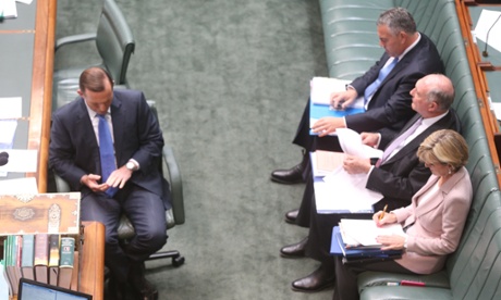 Prime Minister Tony Abbott , Deputy Warren Truss, Treasurer Joe Hockey and Foreign Minister Julie Bishop await the start of question time in the House of Representatives, Wednesday 27th August 2014