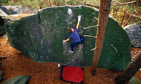 Man in blue shirt climbing a green boulder.