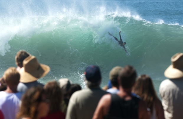 A body surfer gets a rough start on a big wave, caused by tropical storm Marie at The Wedge, Newport Beach, California
