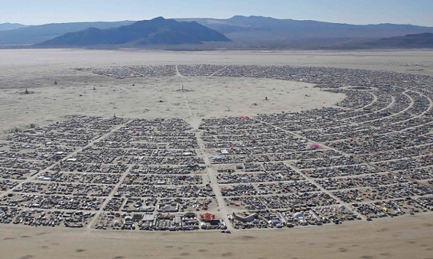 An aerial view during the Burning Man 2014 “Caravansary” arts and music festival in the Black Rock desert of Nevada