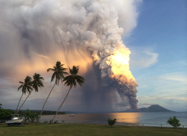 Mount Tavurvur erupts in Papua New Guinea, spewing rocks and ash into the air