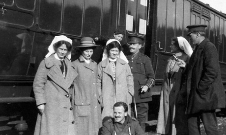 No 16 ambulance train: RAMC (Royal Army Medical Corps) doctors and nurses relaxing during a break from working on No 16 ambulance train which went to and from the front. My grandmother worked here as a British Red Cross Service nurse in 1916 when she took the photo.