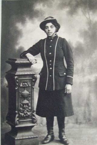 Ruby Vears: This is my Nan who signed up to be a London bus conductress in 1916. This is their winter uniform. Her usual work was as an embroiderer machinist.