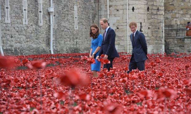 The Duke and Duchess of Cambridge  with Prince Harry view the Tower of London's 'Blood Swept Lands and Seas of Red' poppy installation to commemorate the 100th anniversary of the outbreak of First World War.