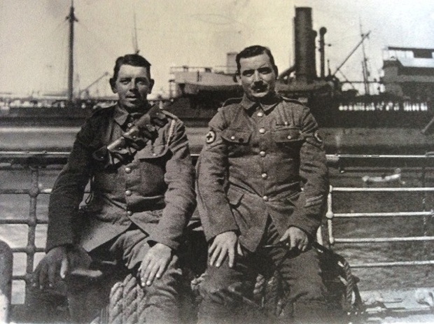 George Frederick Kennedy Millar & brother William meet at Suez Canal: My grand father sailed with the Mediterranean Expeditionary Force in March 1915 to Alexandria. His brother William also ended up in the Middle East and the two met at the Suez Canal, an event captured in this photograph.