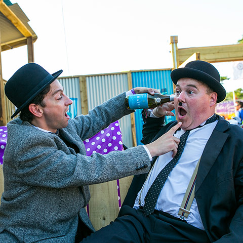 Matua Bestival gallery: Matua: performers from Hats off to Laurel and Hardy share a laugh