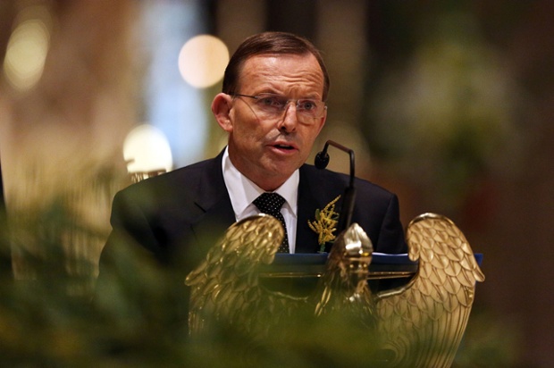 Tony Abbott, prime minister of Australia talks during a memorial service in Melbourne