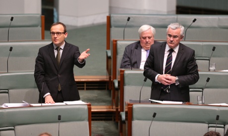 Independent Andrew Wilkie and Adam Bandt from the Greens seek the call to add to a statement made by the Prime Minister Tony Abbott and the Leader of the Opposition Bill Shorten.
