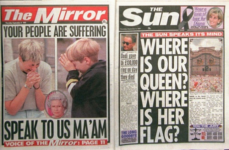 Editions of the Mirror and the Sun on the death of Diana, 4 September 1997.