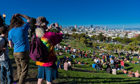The San Francisco skyline seen from Mission Dolores Park.