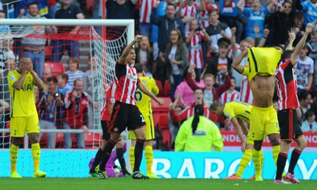 Doh Harry. His Spurs team-mate react in disbelief after Harry Kane (hands on knees) puts the ball in his own net to equalise for Sunderland.