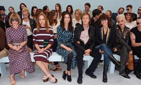 (L to R) Anna Wintour, Stella McCartney, Nancy Shevell, Sir Paul McCartney, Chrissie Hynde, Rita Ora and Jamie Campbell Bower attend the Hunter Original show