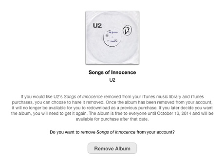 The new removal page for U2's Songs of Innocence album.