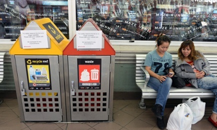 The blocked rubbish bins at Central station in Brisbane. Photograph: Dan Peled/EPA