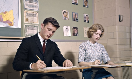 1960s college students couple man woman studying