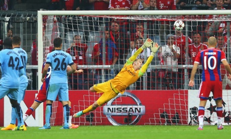 Joe Hart of Manchester City can't stop the shot by Jerome Boateng which won the match.