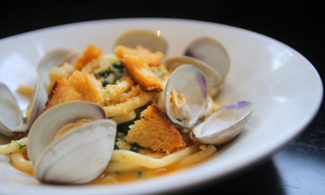 Row 34 in Fort Point. House made Bucatini with clams and garlic crumbs