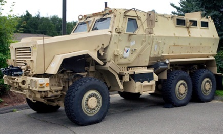 An MRAP armoured vehicle of the type acquired by US school districts under a Pentagon giveaway of military equipment and weaponry. Photograph: Steven Valenti/AP