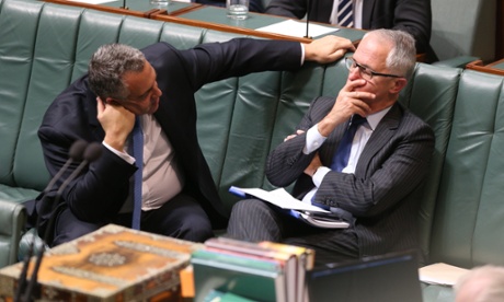 Treasurer Joe Hockey and communications Malcolm Turnbull during the Shorten motion.