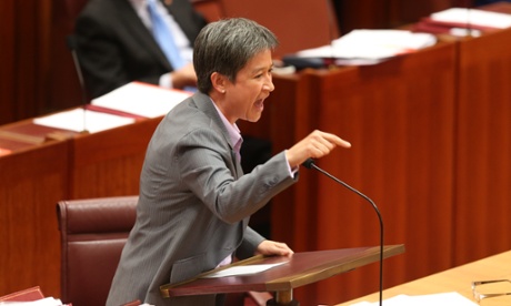 Penny Wong protesting at the government's deal with Clive Palmer on the mining tax repeal.
