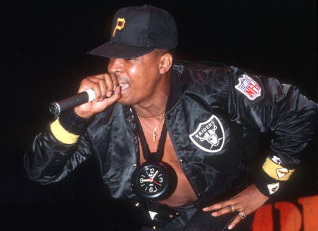 Chuck D performing with Public Enemy in the late 80s.