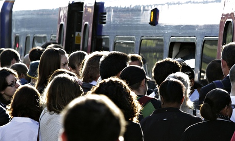 Packed rail platform in London