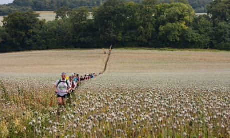 Runners' high: competitors jog through a field of poppies on the Ridgeway.