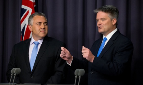 The Treasurer Joe Hockey with Finance Minister Mathias Cormann at a press conference in the blue room of Parliament House in Canberra this afternoon, Thursday 25th September 2014.