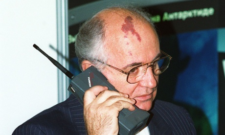 Talking head: former Soviet president Mikhail Gorbachev speaking on a Nokia Mobira Cityman.