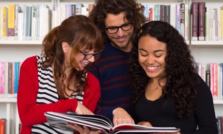 international students reading a book