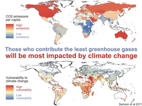 Top frame: national per capita carbon pollution emissions.  Bottom frame: Vulnerability Index from Samson et al. (2011).