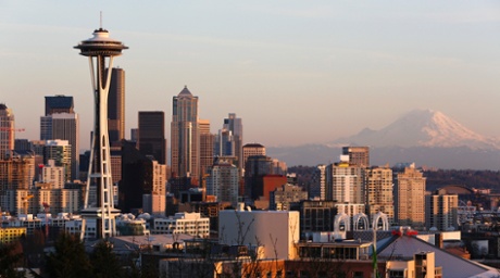 Mount Rainier seen from Seattle, 54 miles away.