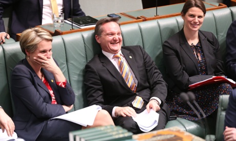 The deputy Leader of the opposition Tanya Plibersek, and shadow treasurer Chris Bowen sharing a joke with Malcolm Turnbull during question.