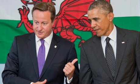 David Cameron with Barack Obama visiting a school in Newport before the opening of today’s Nato summit. Photograph: CHRISTOPHER JONES / POOL/EPA