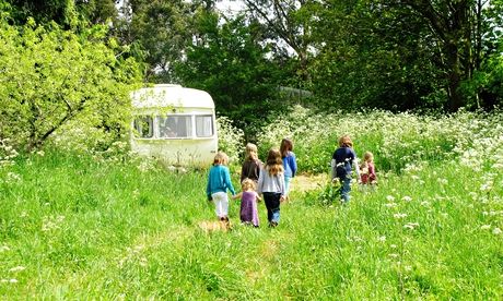 The vintage caravans are dotted around a meadow at Mad Dogs & Vintage Vans in the Wye Valley