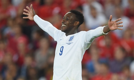 Danny Welbeck celebrates scoring his second. Photograph: Michael Regan/The FA/Getty