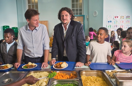 Nick Clegg and Jay Rayner with pupils at Walnut Tree Walk primary school in Lambeth, London SE11 on 3 September 2014.