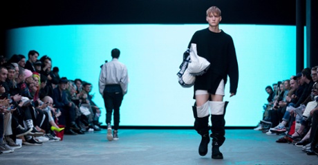 A model in waders at Christopher Shannon