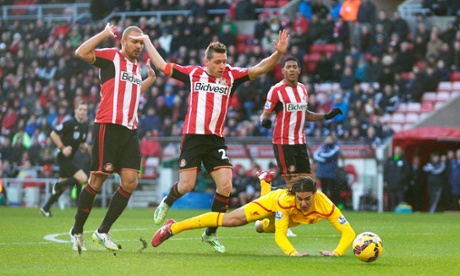 Lazar Markovic goes down under Wes Brown's challenge but no penalty is given.