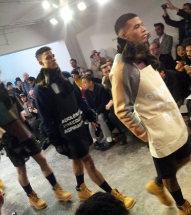 Slogan aprons at Shaun Samson