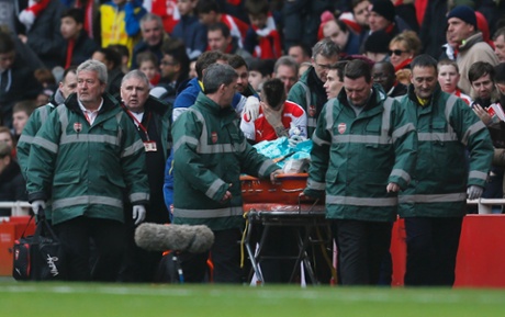 Mathieu Debuchy is stretchered off.