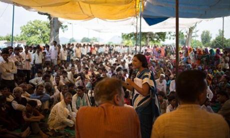 Priya Pillai addressing the MSS public meeting. People from eleven villages around the Mahan forest area hold a rally  Van Adhikar Sammelan  to tell Essar Power they won't allow coal mining in their forests, just as the inhabitants of Niyamgiri have stopped Vedanta from taking over their forests for mining.