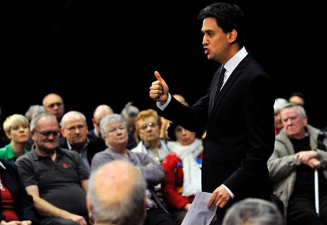 Ed Miliband during an question and answer session at Stevenage Arts and Leisure Centre